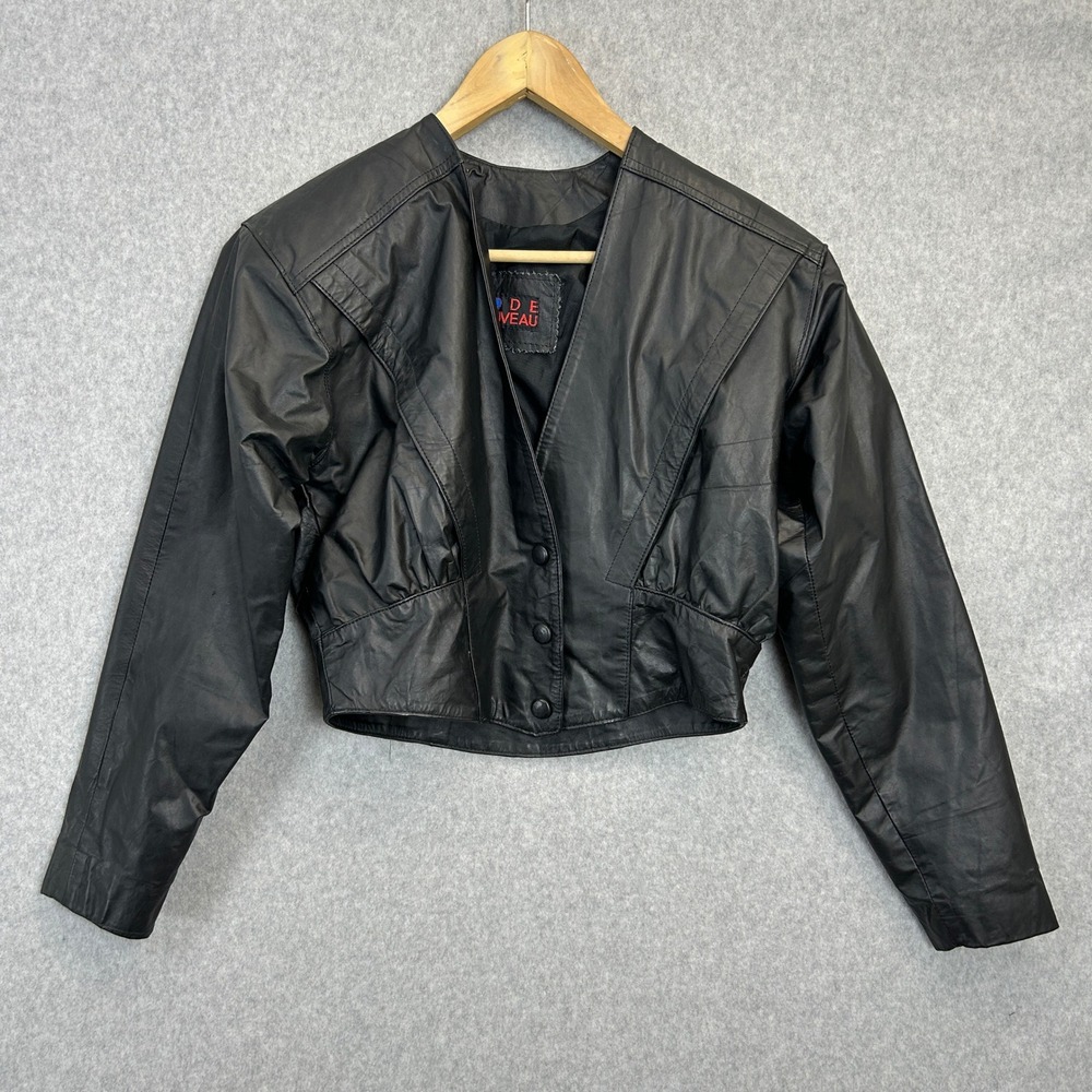 Code Nouveau Jacket Black Vintage Cropped Leather Padded Shoulder Womens Size S